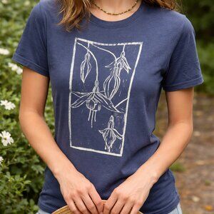 Hand Block Printed Botanical Fuschia T-Shirt – Gildan Blue Cotton Tee (Small)
